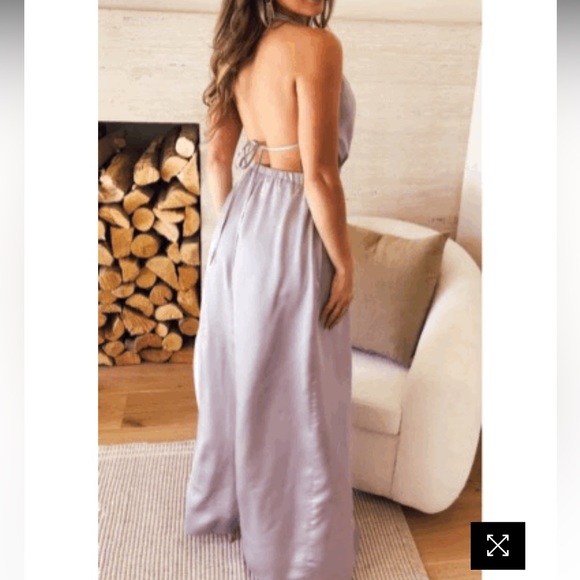 Satin Halter Plunge V Neck Draped Maxi Dress With Waist High Slits In Silver - Picture 3 of 3